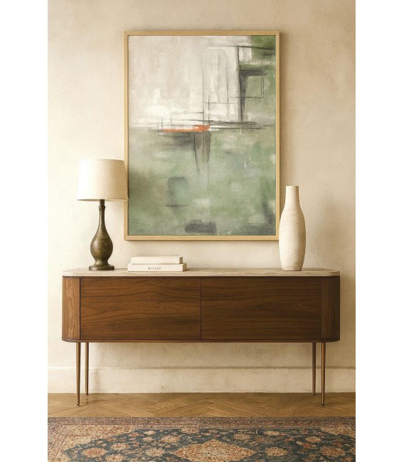 Cuadro abstracto vertical grande en lienzo verde con marco natural. Mdmhogar