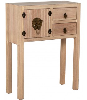 Consola oriental pequeña en madera natural con puertas y cajones.