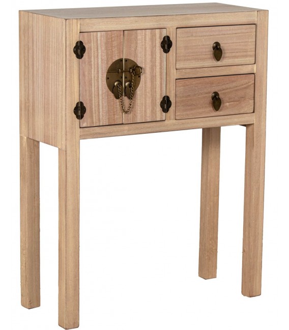 Consola oriental pequeña en madera natural con puertas y cajones.