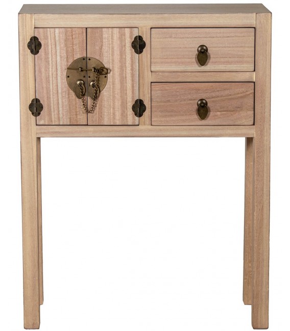 Consola oriental pequeña en madera natural con puertas y cajones. 1