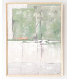 Cuadro abstracto vertical grande pintado a mano en verdes suaves.