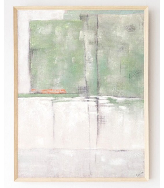 Cuadro abstracto vertical grande pintado a mano en verdes suaves.