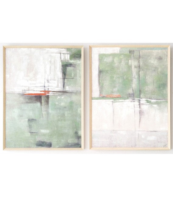 Cuadro abstracto vertical grande pintado a mano en verdes suaves. 
3