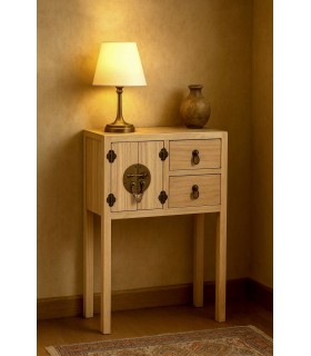 Consola oriental pequeña en madera natural con puertas y cajones. Mdmhogar