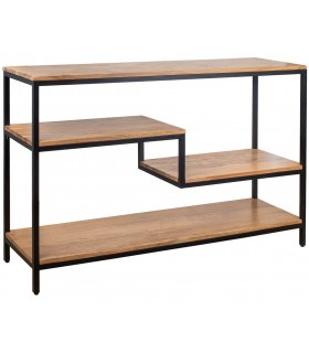 Consola o estantería industrial en acacia natural y metal negro.