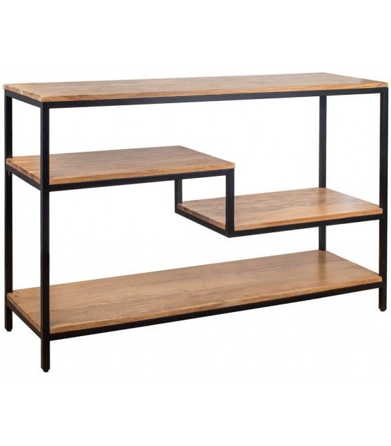 Consola o estantería industrial en acacia natural y metal negro.