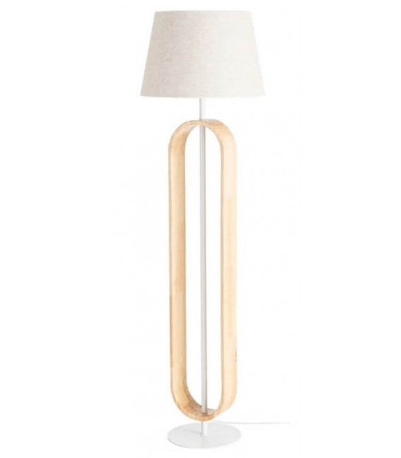 Lámpara de pie nórdica blanca con detalle en madera natural.