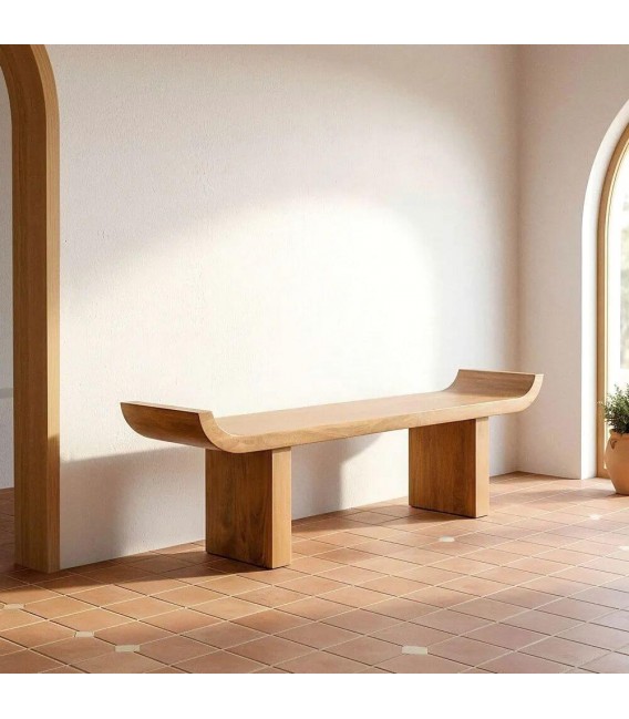 Banco pie de cama japandi en madera de mango acabado natural. Mdmhogar