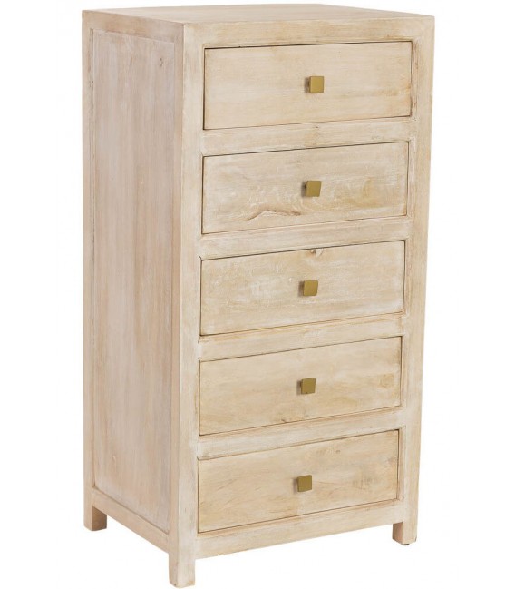 Sinfonier boho en madera patinada crema con tiradores dorados.