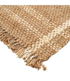 Alfombra ibicenca grande de yute natural con detalles blancos. 1