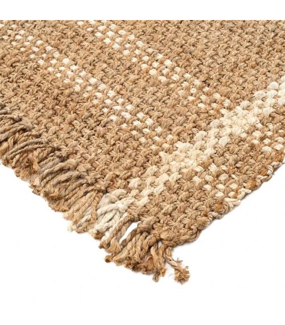 Alfombra ibicenca grande de yute natural con detalles blancos. 1