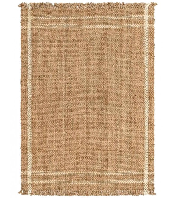 Alfombra ibicenca grande de yute natural con detalles blancos.