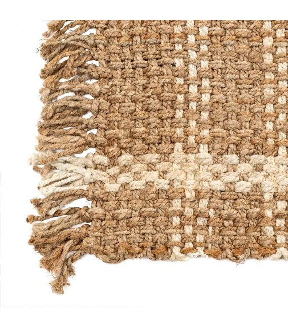 Alfombra ibicenca grande de yute natural con detalles blancos. 3
