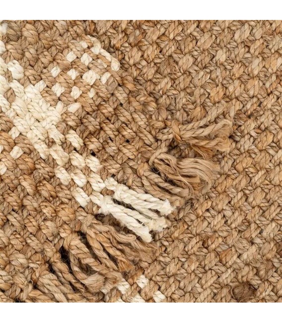 Alfombra ibicenca grande de yute natural con detalles blancos. 4