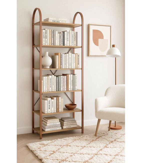 Estantería nórdica kit en MDF roble con estructura metálica teja. Mdmhogar