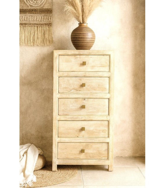 Sinfonier boho en madera patinada crema con tiradores dorados. Mdmhogar