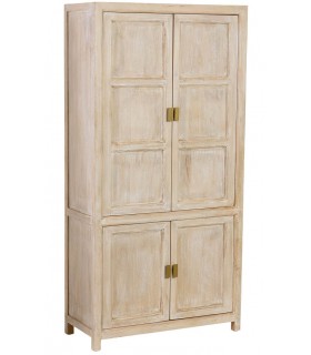 Armario alacena boho de mango patinado crema con tiradores dorados.