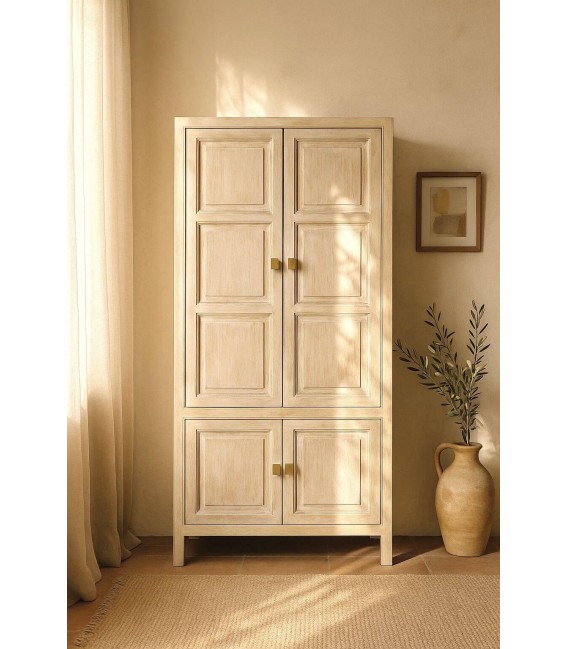 Armario alacena boho de mango patinado crema con tiradores dorados. Mdmhogar