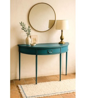 Consola azul de medio punto con un cajón, estilo vintage chic. Mdmhogar