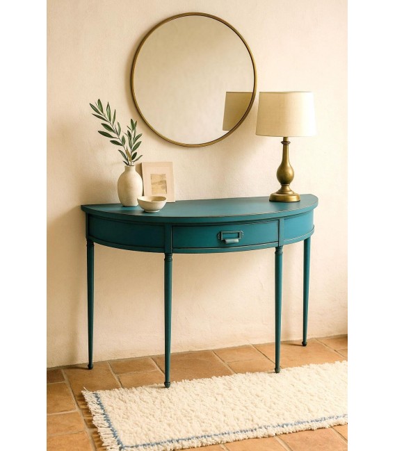 Consola azul de medio punto con un cajón, estilo vintage chic. Mdmhogar