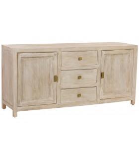 Aparador boho madera crema patinada con cajones y puertas.