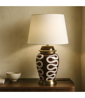 Lámpara sobremesa cerámica marrón blanco y dorado contemporánea. Mdmhogar