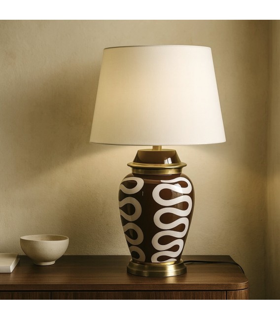 Lámpara sobremesa cerámica marrón blanco y dorado contemporánea. Mdmhogar