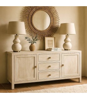 Aparador boho madera crema patinada con cajones y puertas. Mdmhogar