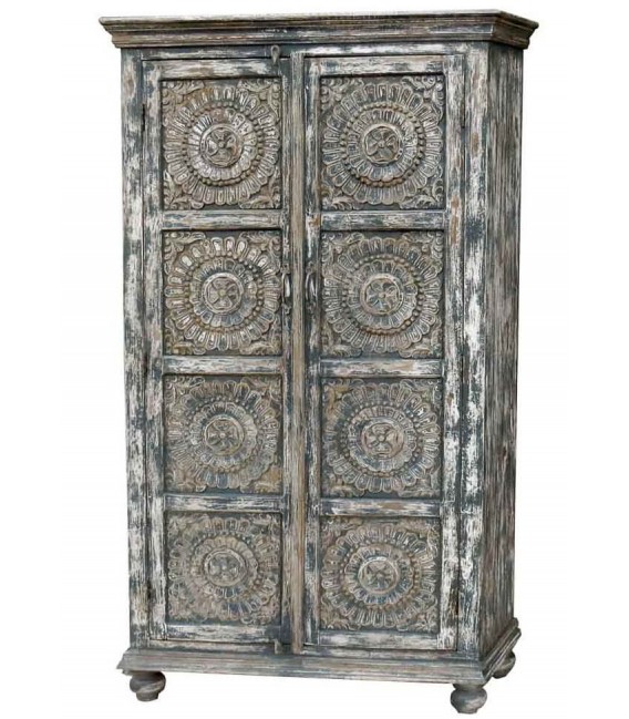 Armario alacena madera gris tallada étnico con estantes interiores. 1