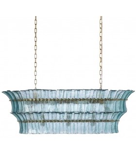 Lámpara techo XL art decó con 13 luces, cristal azul y metal dorado. 1