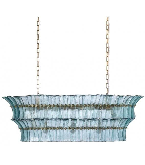 Lámpara techo XL art decó con 13 luces, cristal azul y metal dorado. 1