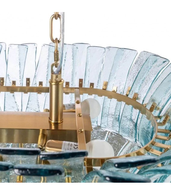 Lámpara techo XL art decó con 13 luces, cristal azul y metal dorado. 3