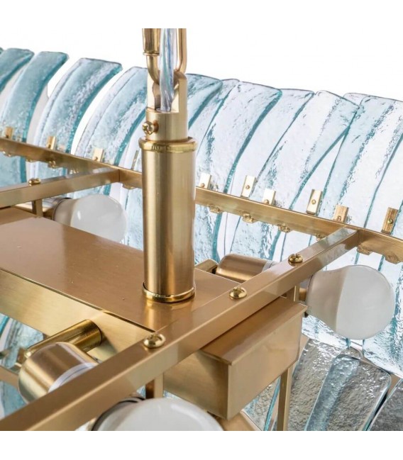 Lámpara techo XL art decó con 13 luces, cristal azul y metal dorado. 4