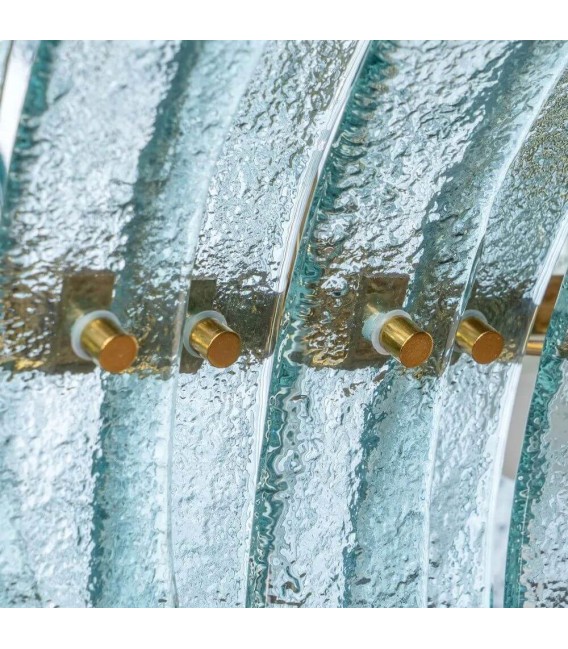 Lámpara techo XL art decó con 13 luces, cristal azul y metal dorado. 5