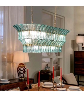 Lámpara techo XL art decó con 13 luces, cristal azul y metal dorado. Mdmhogar