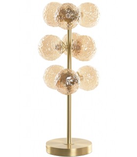 Lámpara sobremesa art decó 9 luces cristal ámbar y metal dorado.