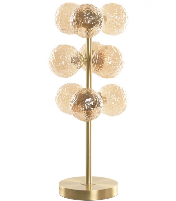 Lámpara sobremesa art decó 9 luces cristal ámbar y metal dorado.