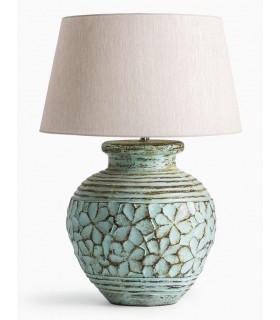 Lámpara sobremesa XXXL rústica terracota turquesa con pantalla lino.