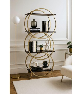 Estantería art decó oro con baldas madera imitación wengué elegante. Mdmhogar