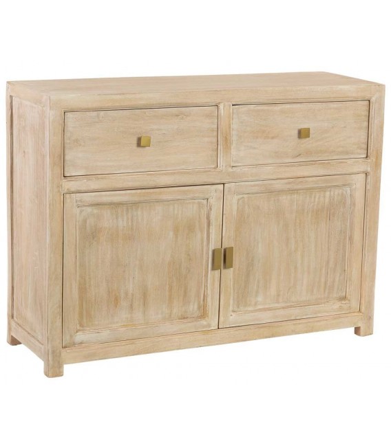 Taquillón boho madera crema patinada con cajones y puertas.