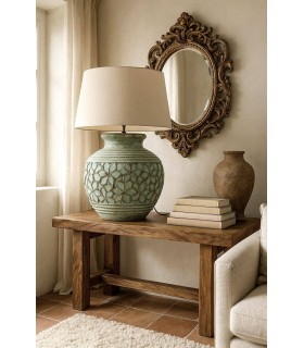 Lámpara sobremesa XXXL rústica terracota turquesa con pantalla lino. Mdmhogar