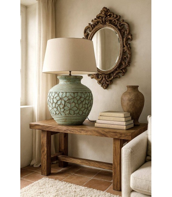 Lámpara sobremesa XXXL rústica terracota turquesa con pantalla lino. Mdmhogar