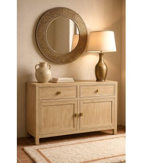 Taquillón boho madera crema patinada con cajones y puertas. Mmdhogar