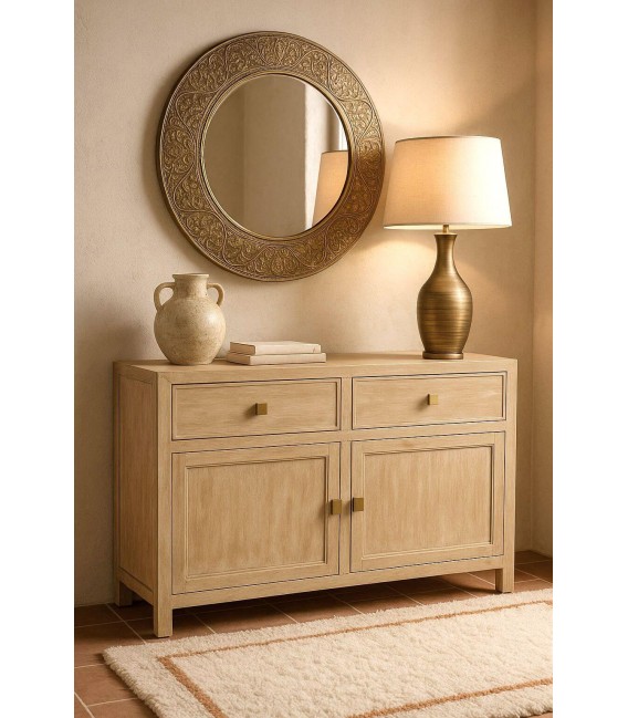 Taquillón boho madera crema patinada con cajones y puertas. Mmdhogar