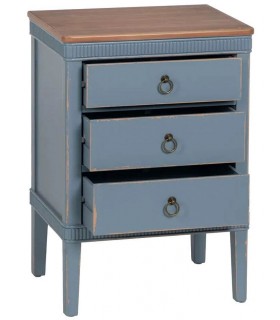 Mesita de noche clásica azul rozado con tapa cerezo y 3 cajones. 1