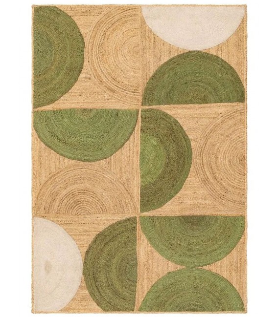 Alfombra boho rectangular de yute verde y natural con estilo único.