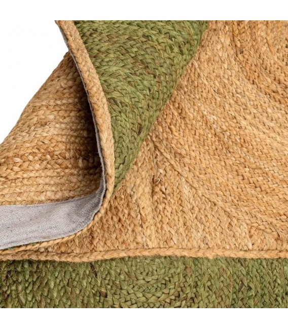 Alfombra boho rectangular de yute verde y natural con estilo único. 2