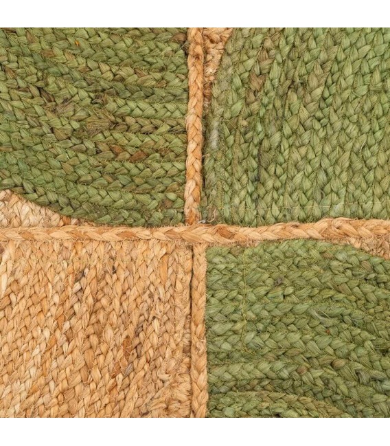 Alfombra boho rectangular de yute verde y natural con estilo único. 4