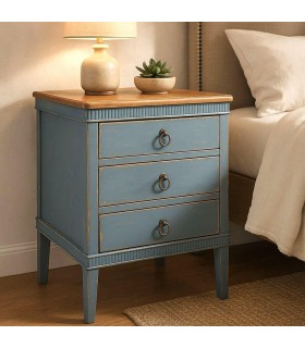 Mesita de noche clásica azul rozado con tapa cerezo y 3 cajones. Mdmhogar