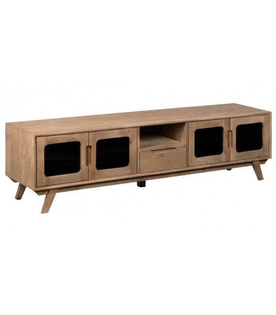 Mueble TV boho en madera natural y cristal ahumado elegante. 1
